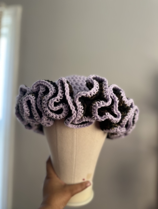 Hand Crafted Accessories - Handmade Lavender and Camo Crochet Ruffle Hat - Women Accessories
